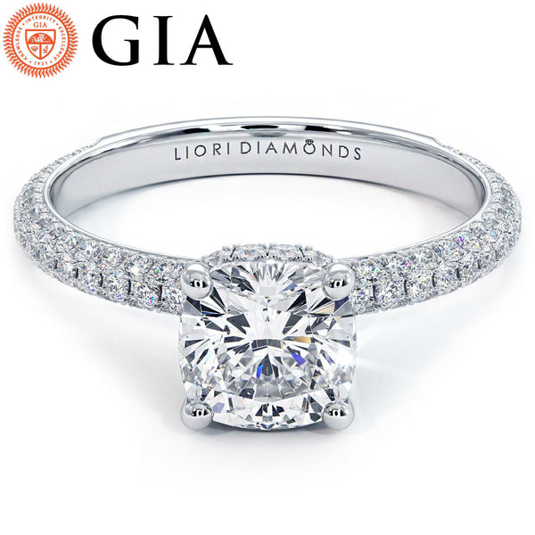 1.5 Carat Cushion Cut Under Halo Trio Micropavé
