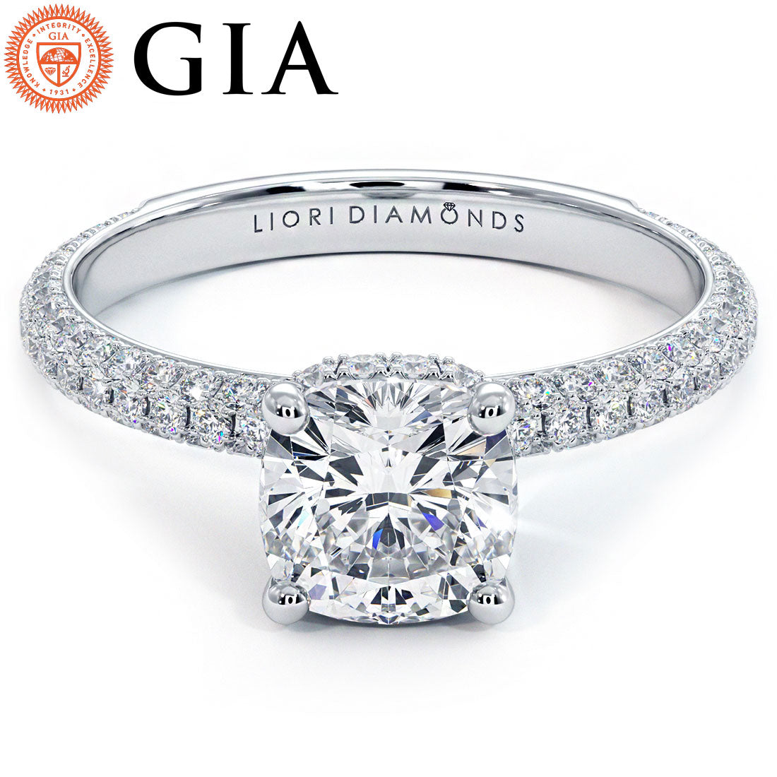1.5 Carat Cushion Cut Under Halo Trio Micropavé
