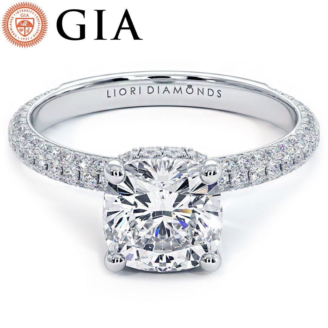 2 Carat Cushion Cut Under Halo Trio Micropavé