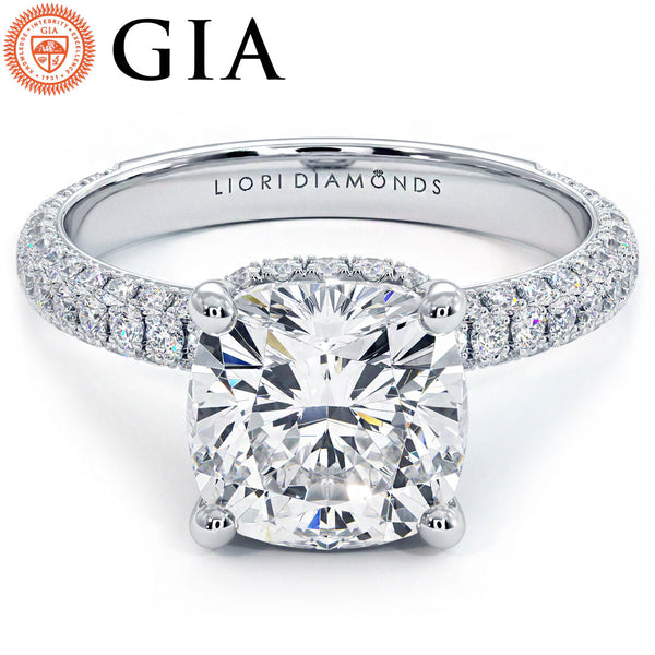 3 Carat Cushion Cut Under Halo Trio Micropavé