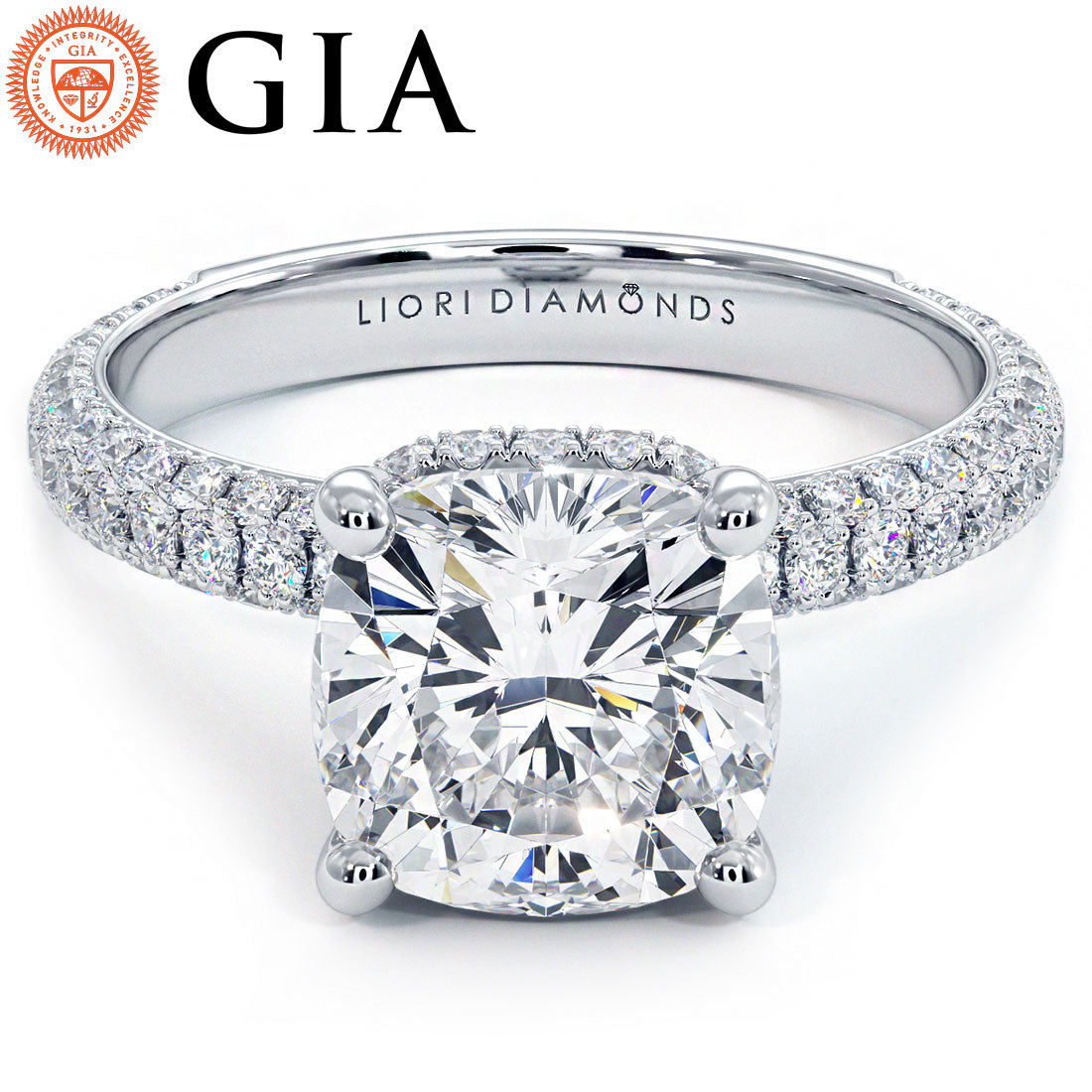 3 Carat Cushion Cut Under Halo Trio Micropavé