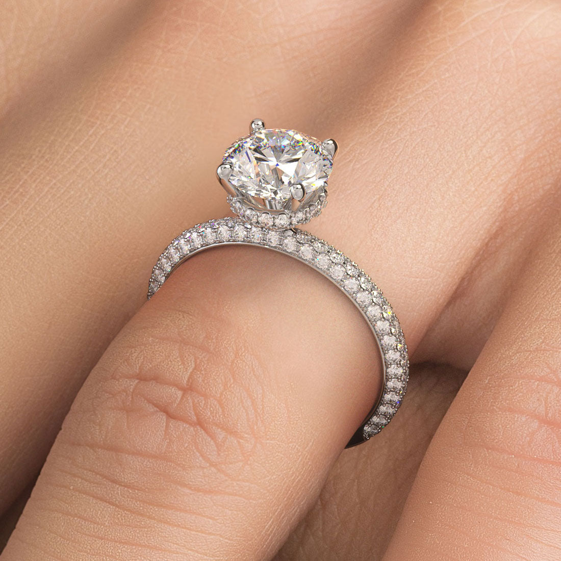 2.30ctw Round Brilliant Under Halo Trio Micropavé Lab Grown Diamond Engagement Ring set in 18k White Gold