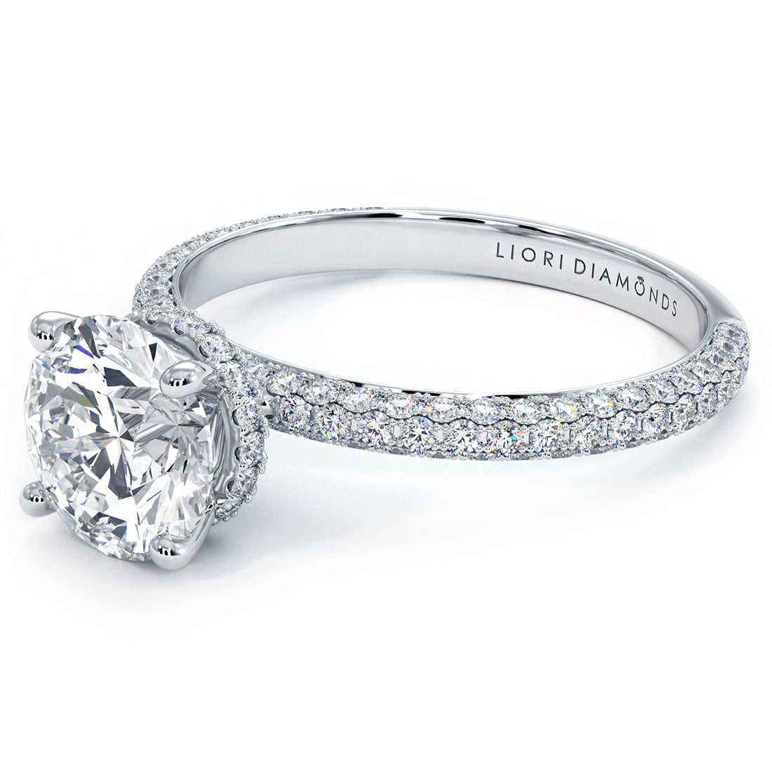 2.30ctw Round Brilliant Under Halo Trio Micropavé Lab Grown Diamond Engagement Ring set in 18k White Gold