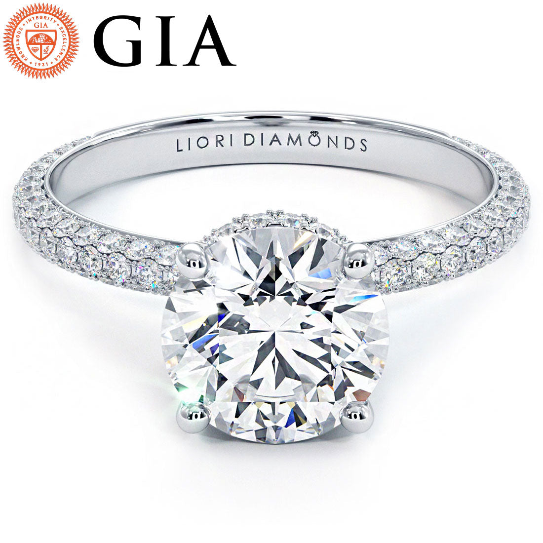 2 Carat Round Brilliant Under Halo Trio Micropavé