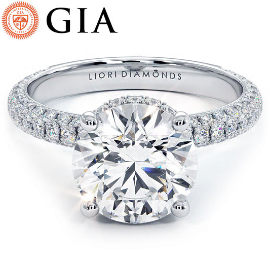 4.08ctw GIA Certified Round Brilliant Under Halo Trio Micropavé Lab Grown Diamond Engagement Ring set in 18k White Gold