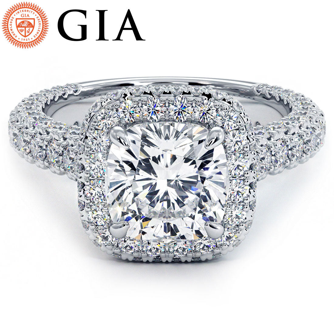 2 Carat Cushion Cut Halo 3D Micropavé Shank