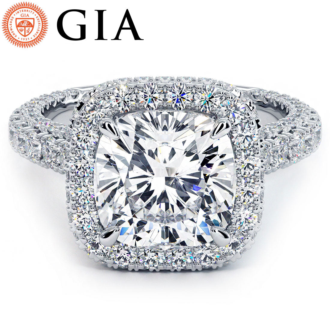 3 Carat Cushion Cut Halo 3D Micropavé Shank