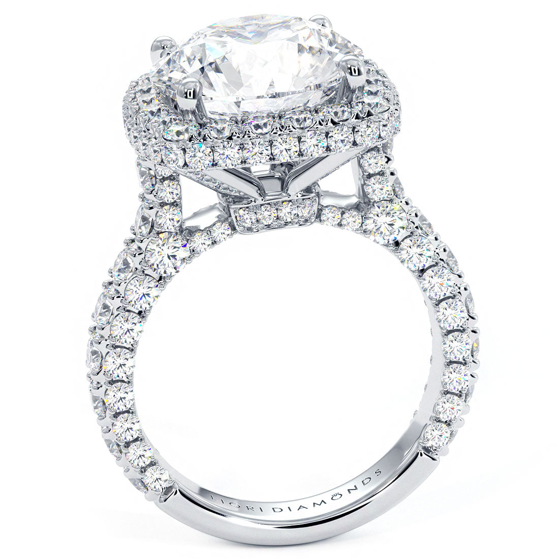 8.10ctw Round Brilliant F-VS1 Halo 3D Micropavé Shank Lab Grown Diamond Engagement Ring 14k White Gold