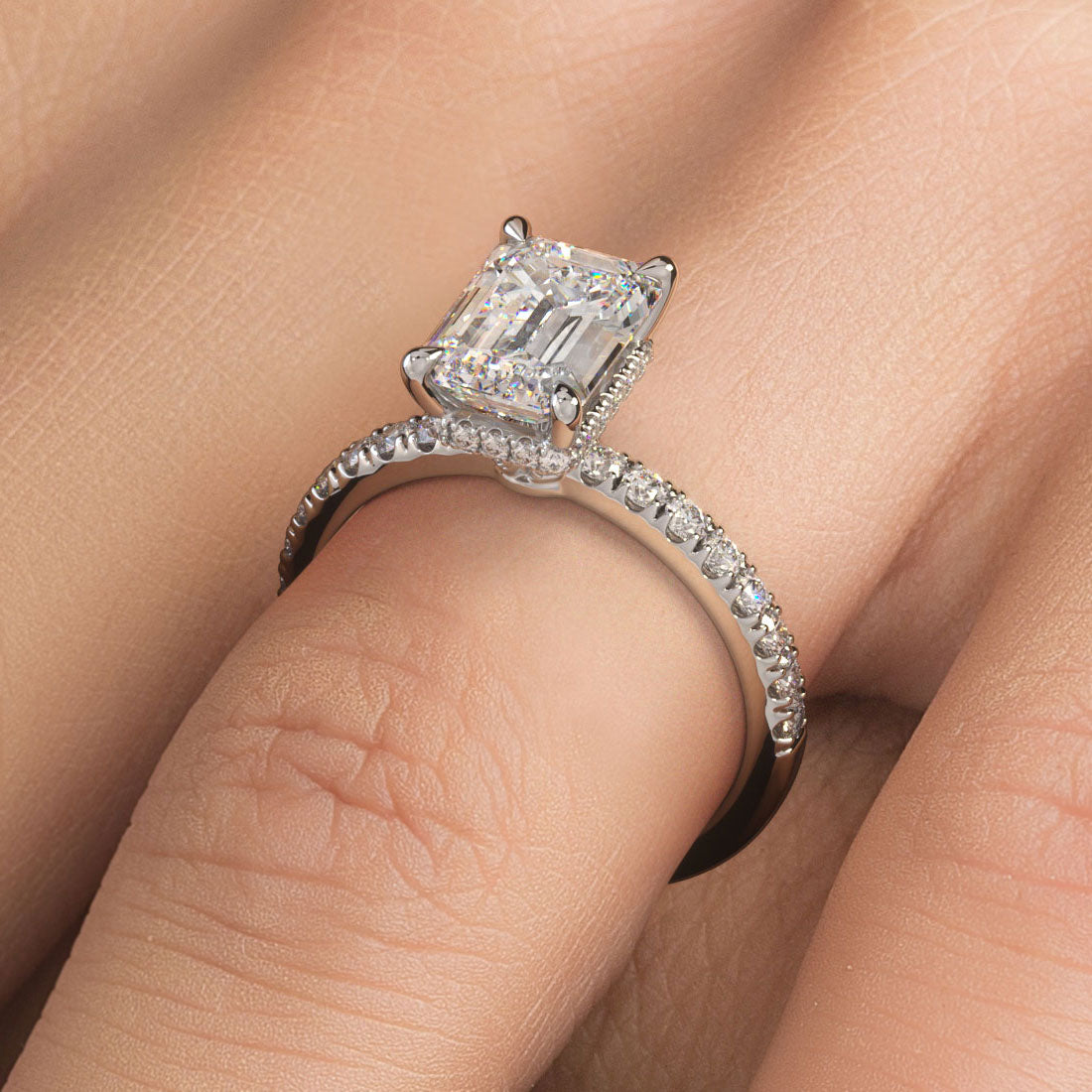 2.48ctw GIA Certified D-VS1 Emerald Cut Under Halo Petite Micropavé Lab Grown Diamond Engagement Ring set in 14k White Gold