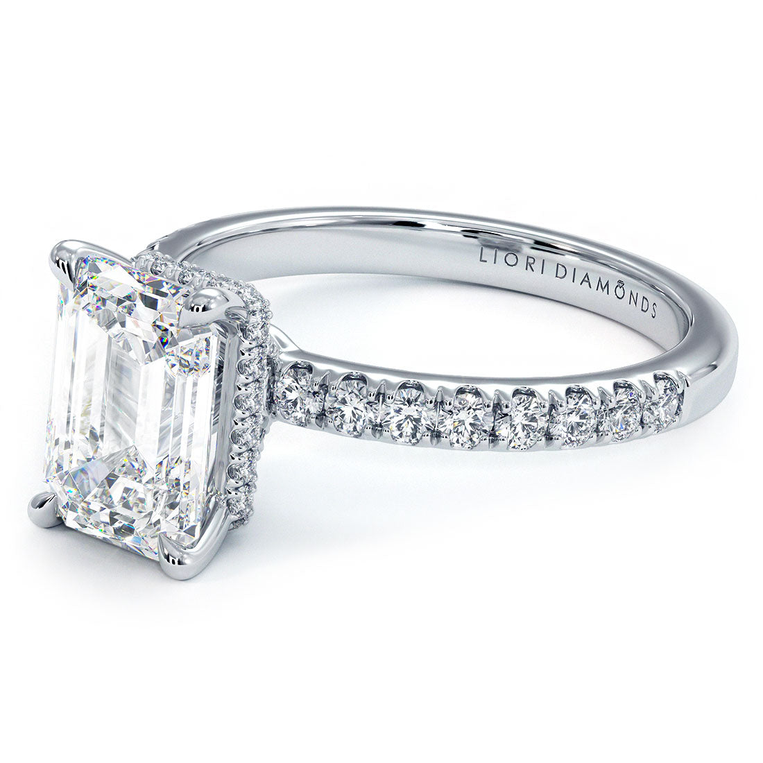 2.48ctw GIA Certified D-VS1 Emerald Cut Under Halo Petite Micropavé Lab Grown Diamond Engagement Ring set in 14k White Gold