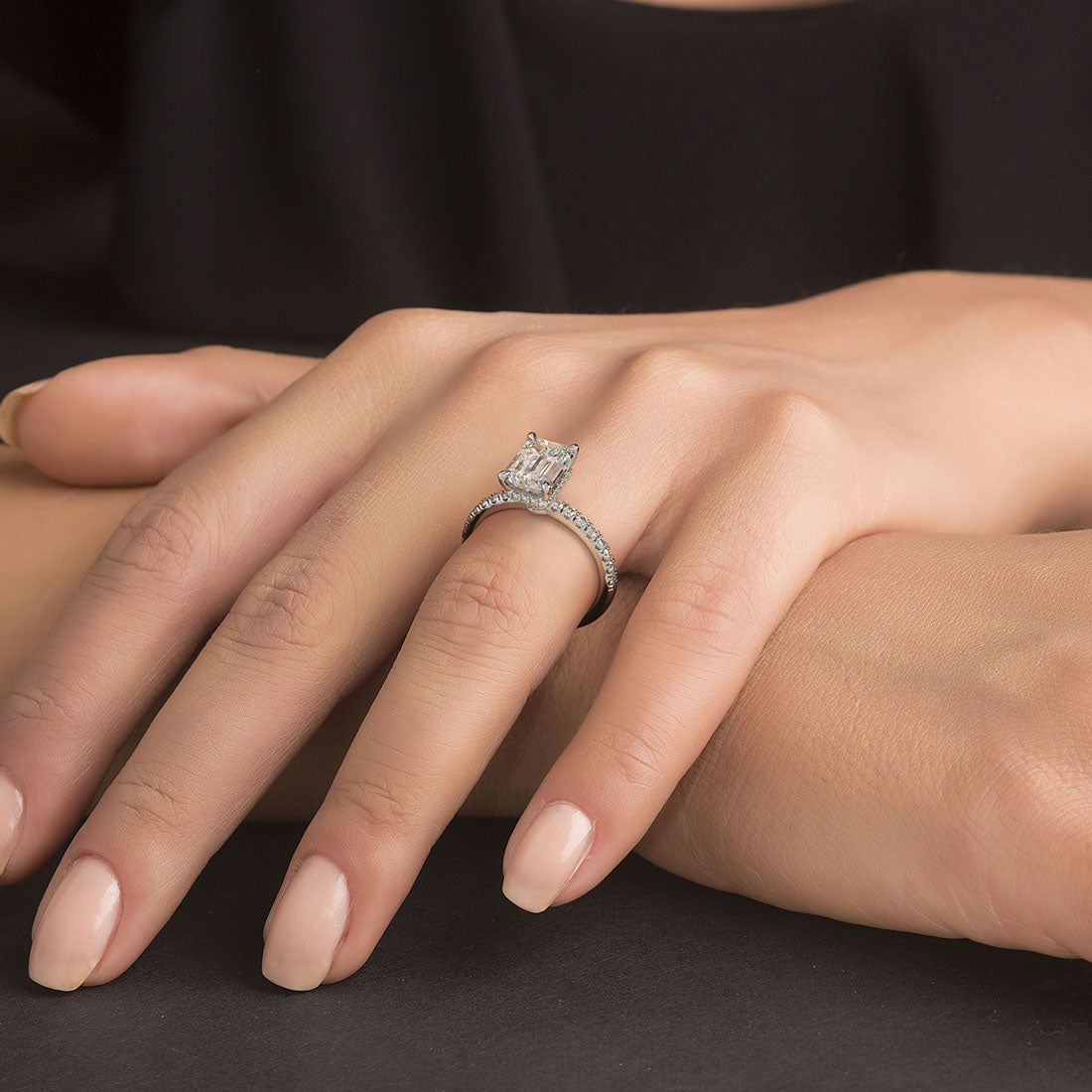2.48ctw GIA Certified D-VS1 Emerald Cut Under Halo Petite Micropavé Lab Grown Diamond Engagement Ring set in 14k White Gold