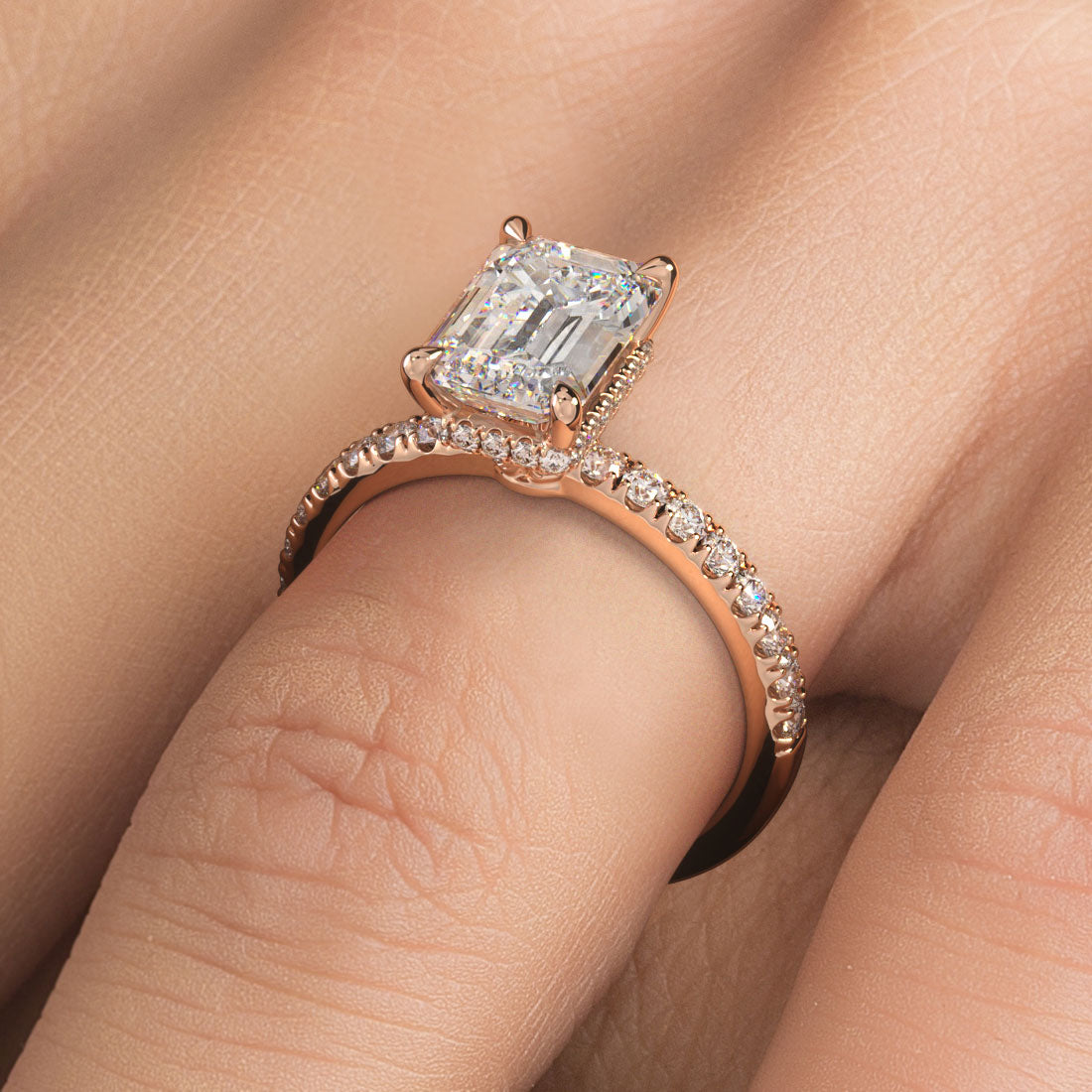 2.47ctw GIA Certified D-VS1 Emerald Cut Under Halo Petite Micropavé Lab Grown Diamond Engagement Ring set in 14k Rose Gold