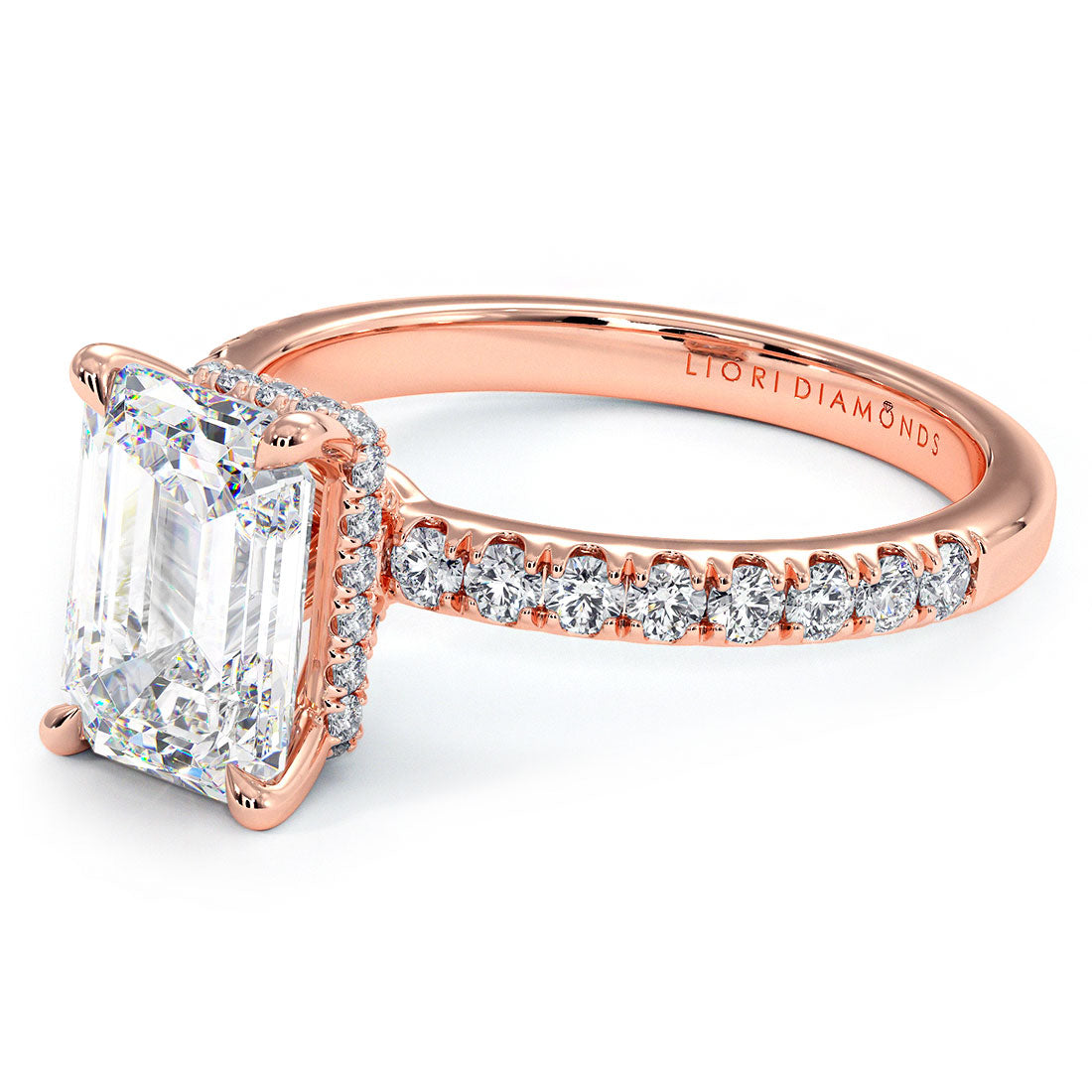 2.48ctw GIA Certified D-VS1 Emerald Cut Under Halo Petite Micropavé Lab Grown Diamond Engagement Ring set in 14k Rose Gold