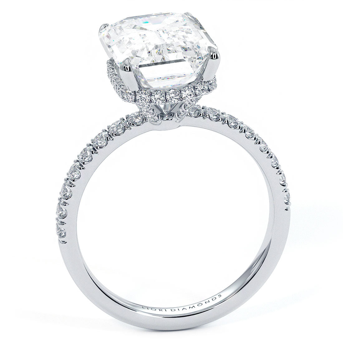 4.83ctw GIA Certified E-VS1 Emerald Cut Under Halo Petite Micropavé Lab Grown Diamond Engagement Ring set in 14k White Gold