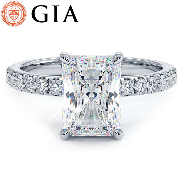 2.55ctw GIA Certified E-VS1 Radiant Cut Under Halo Petite Micropavé Lab Grown Diamond Engagement Ring set in 14k White Gold