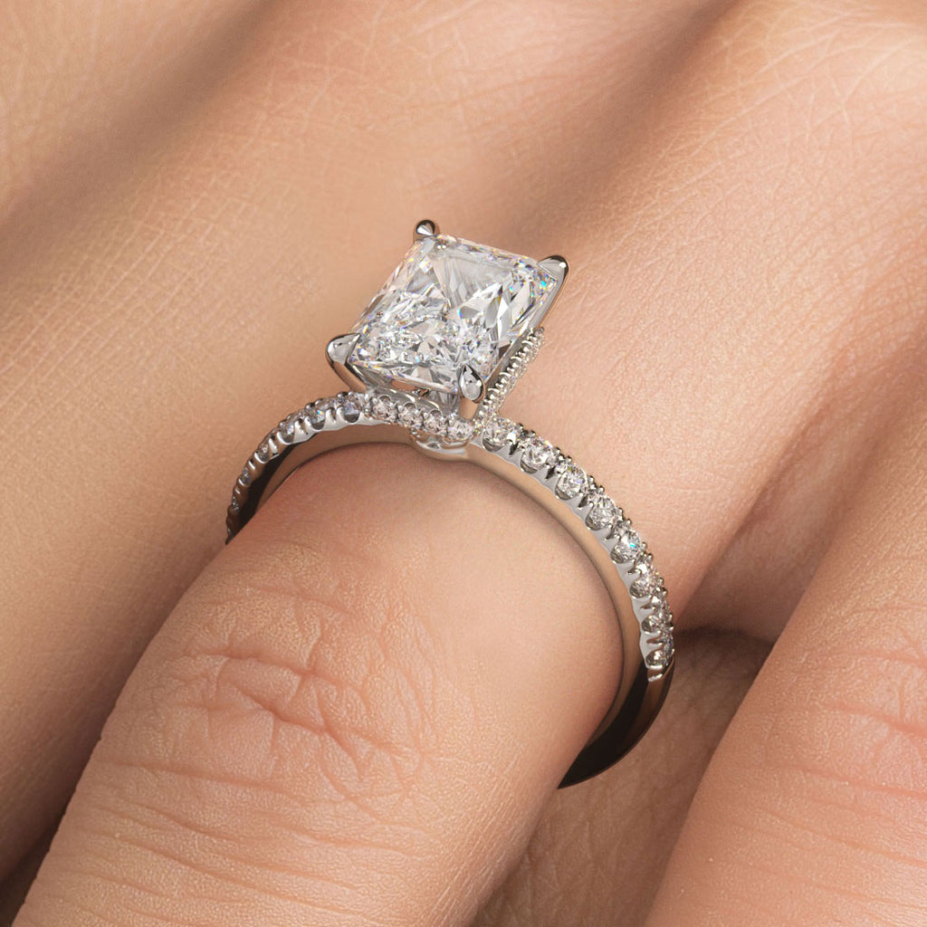 2.55ctw GIA Certified E-VS1 Radiant Cut Under Halo Petite Micropavé Lab Grown Diamond Engagement Ring set in Platinum