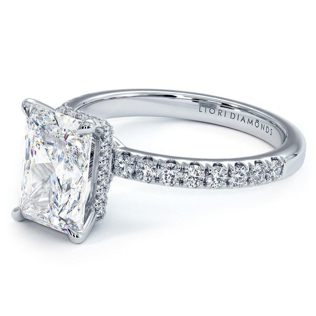 2.55ctw GIA Certified E-VS1 Radiant Cut Under Halo Petite Micropavé Lab Grown Diamond Engagement Ring set in Platinum