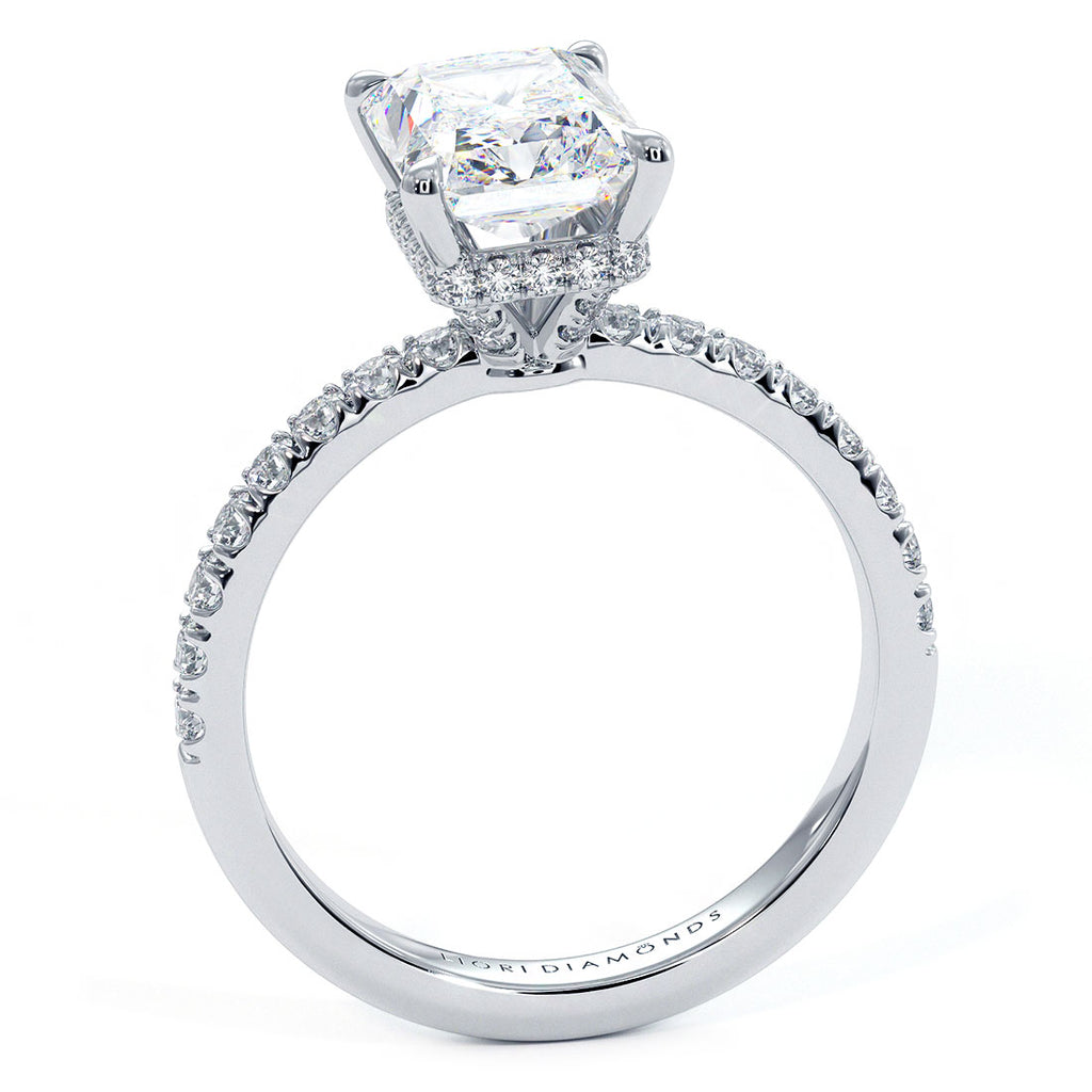 2.55ctw GIA Certified E-VS1 Radiant Cut Under Halo Petite Micropavé Lab Grown Diamond Engagement Ring set in Platinum