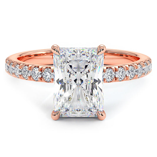 2.55ctw GIA Certified E-VS1 Radiant Cut Under Halo Petite Micropavé Lab Grown Diamond Engagement Ring set in 14k Rose Gold