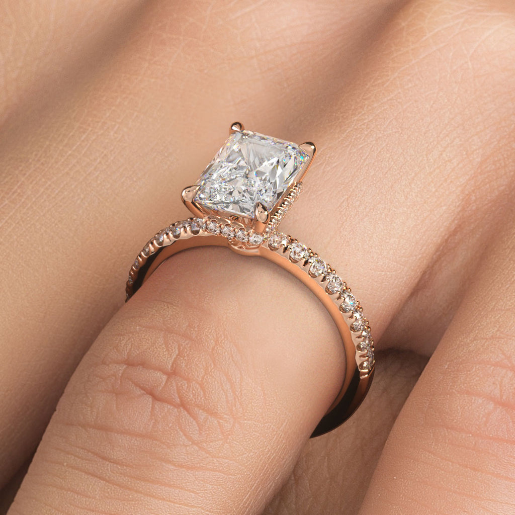 2.55ctw GIA Certified E-VS1 Radiant Cut Under Halo Petite Micropavé Lab Grown Diamond Engagement Ring set in 14k Rose Gold