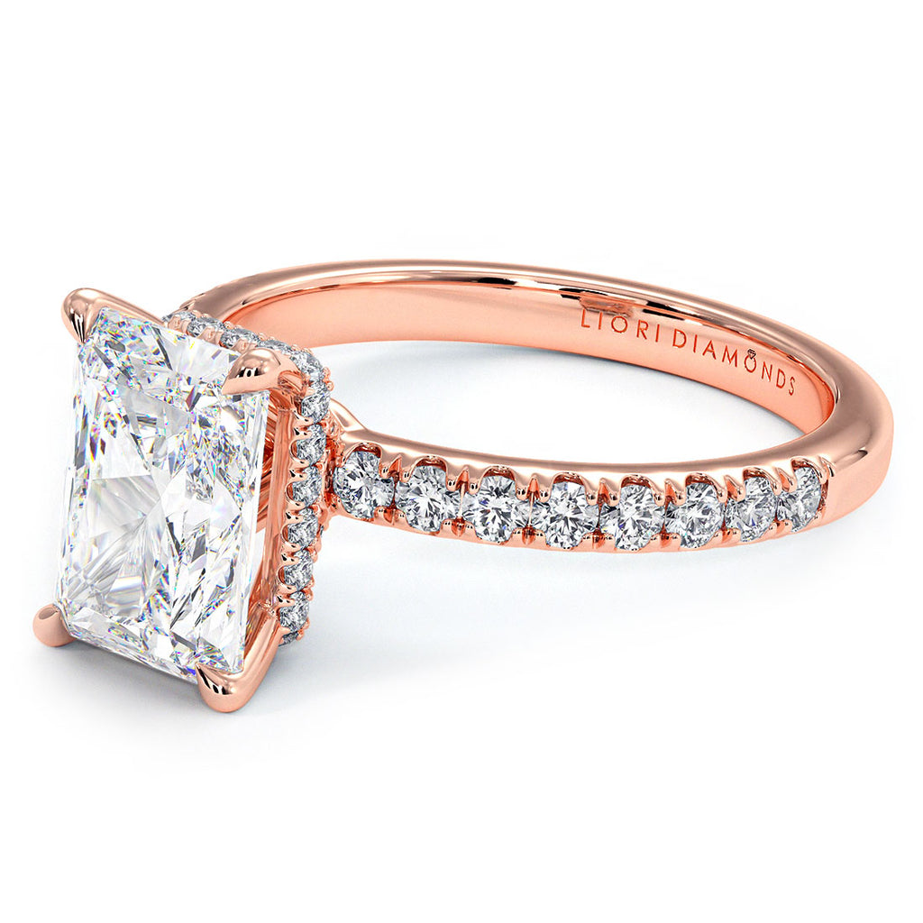 2.55ctw GIA Certified E-VS1 Radiant Cut Under Halo Petite Micropavé Lab Grown Diamond Engagement Ring set in 14k Rose Gold