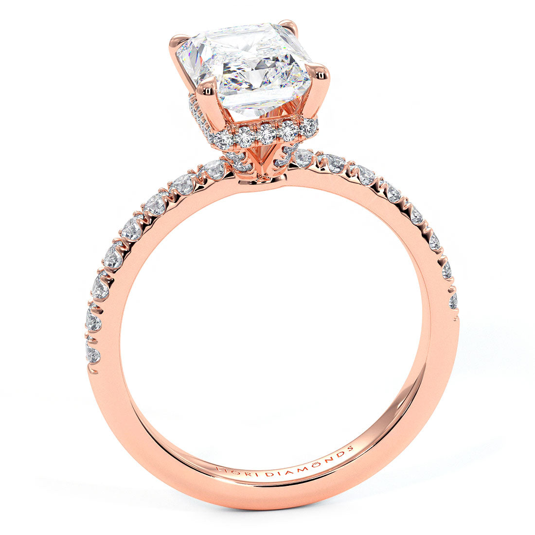 2.55ctw GIA Certified E-VS1 Radiant Cut Under Halo Petite Micropavé Lab Grown Diamond Engagement Ring set in 14k Rose Gold