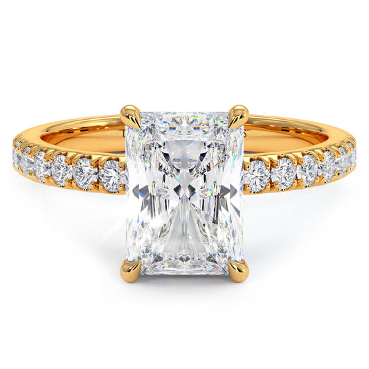 2.55ctw GIA Certified D-VS1 Radiant Cut Under Halo Petite Micropavé Lab Grown Diamond Engagement Ring set in 14k Yellow Gold