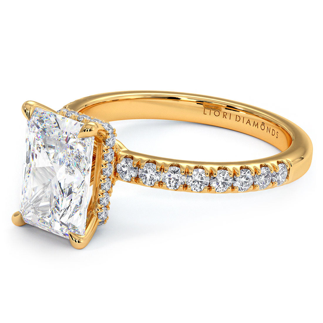 2.55ctw GIA Certified D-VS1 Radiant Cut Under Halo Petite Micropavé Lab Grown Diamond Engagement Ring set in 14k Yellow Gold