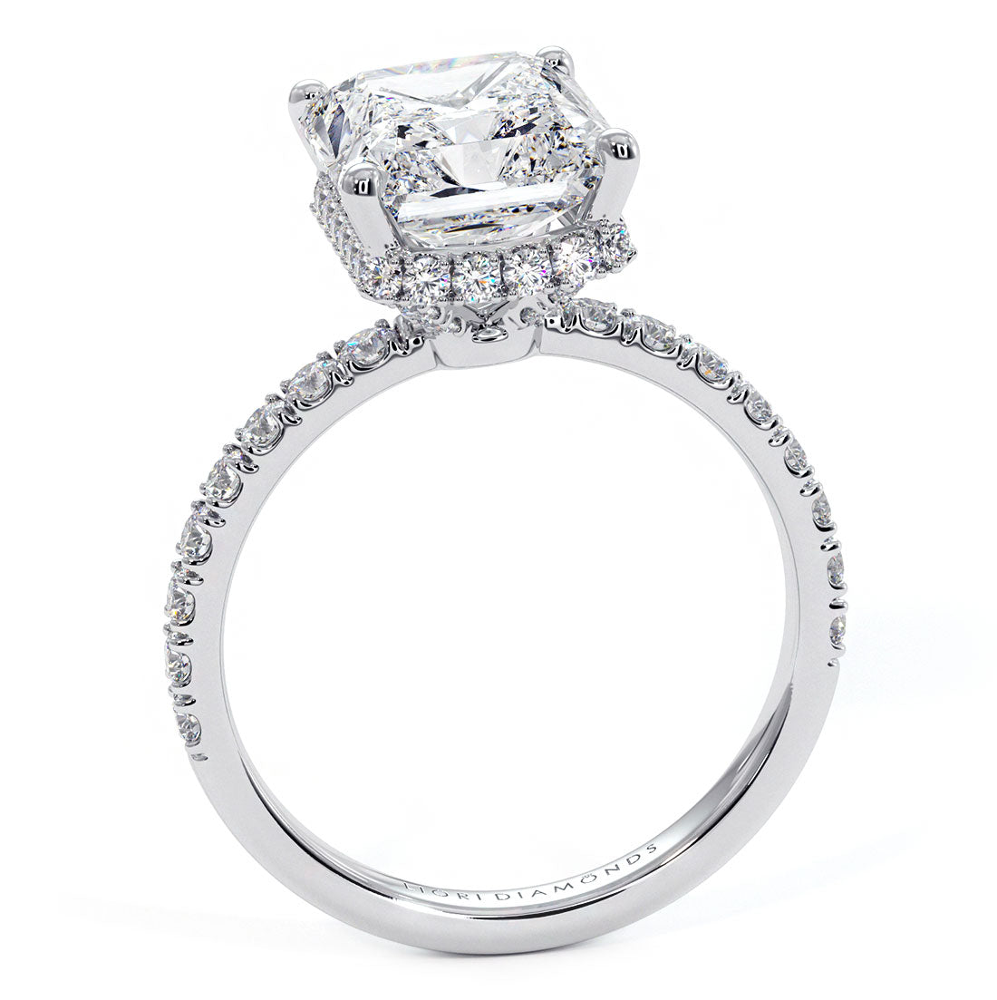 4.24 Carat F-SI1 Radiant Cut Under Halo Petite Micropavé Diamond Engagement Ring set in 14k White Gold