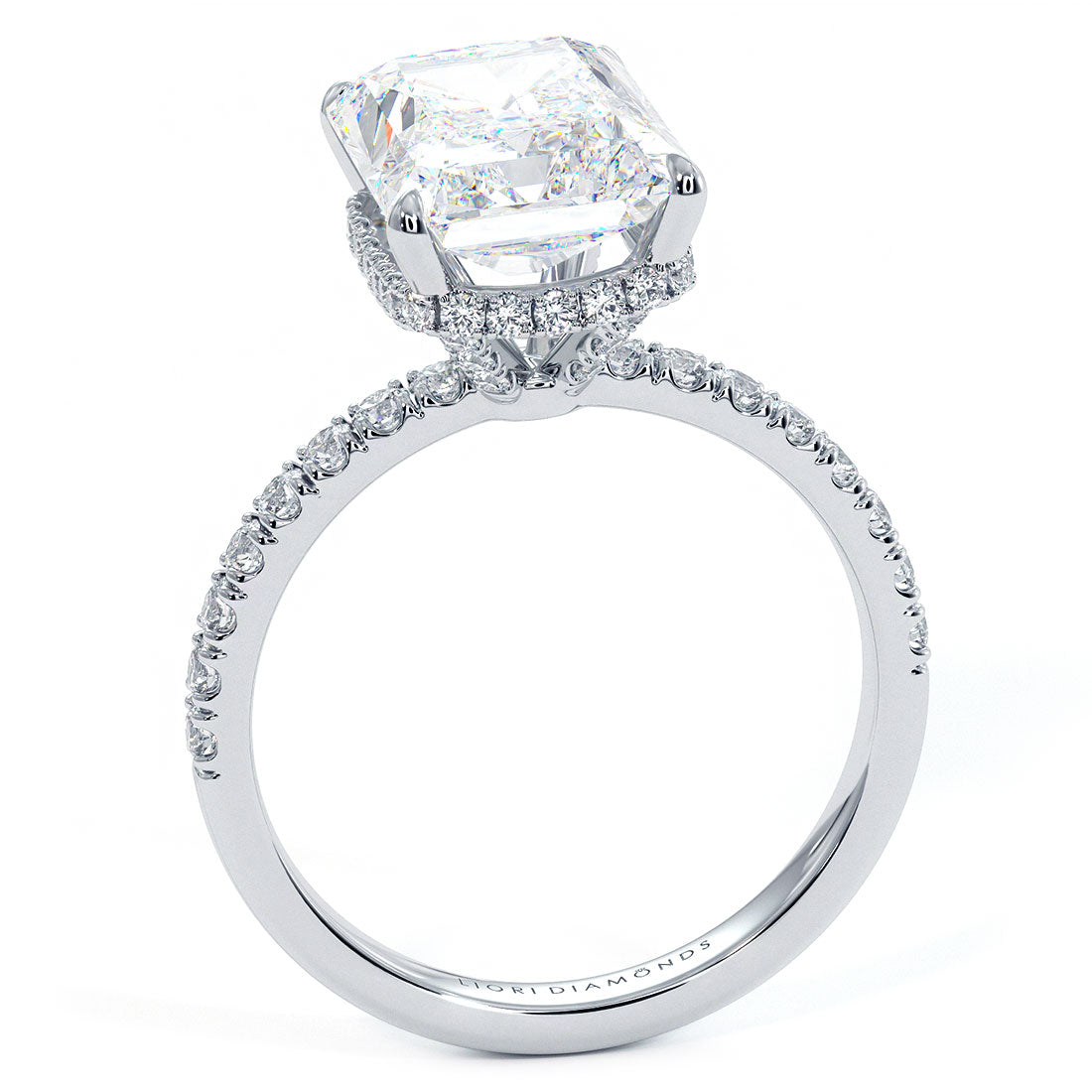 4.83ctw GIA Certified E-VVS2 Radiant Cut Under Halo Petite Micropavé Lab Grown Diamond Engagement Ring set in 14k White Gold