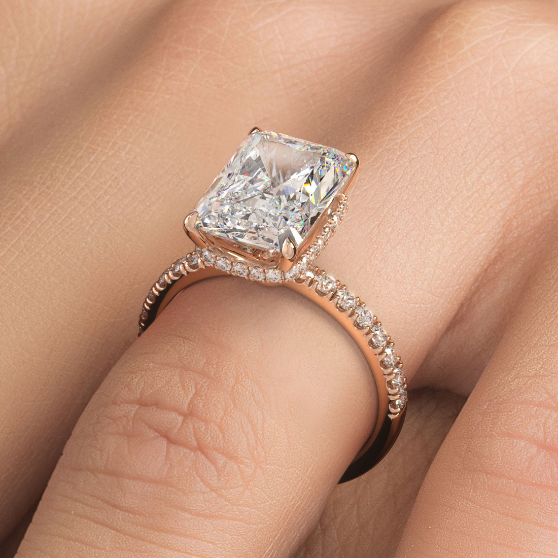4.83ctw GIA Certified E-VVS2 Radiant Cut Under Halo Petite Micropavé Lab Grown Diamond Engagement Ring set in 14k Rose Gold