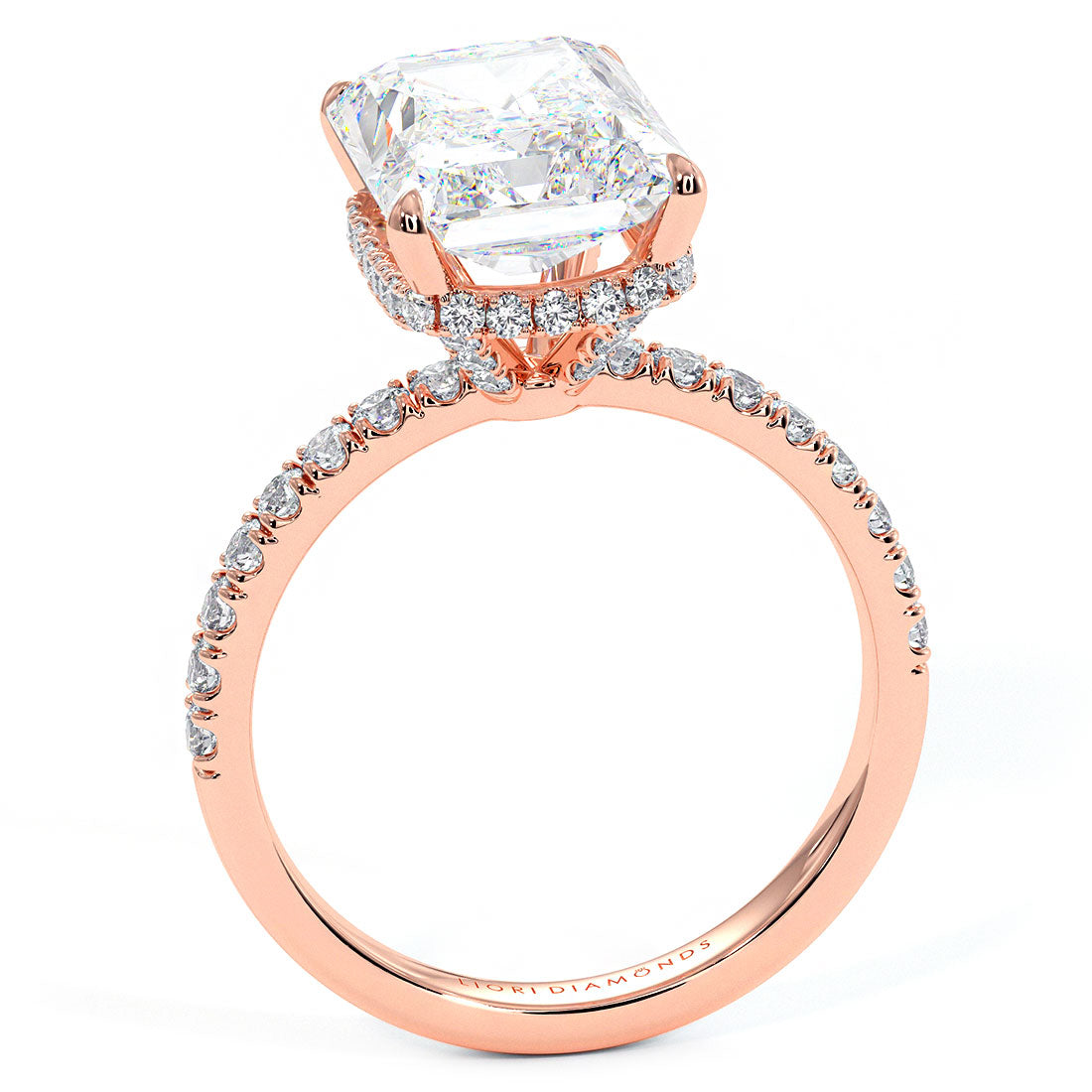 4.83ctw GIA Certified E-VVS2 Radiant Cut Under Halo Petite Micropavé Lab Grown Diamond Engagement Ring set in 14k Rose Gold