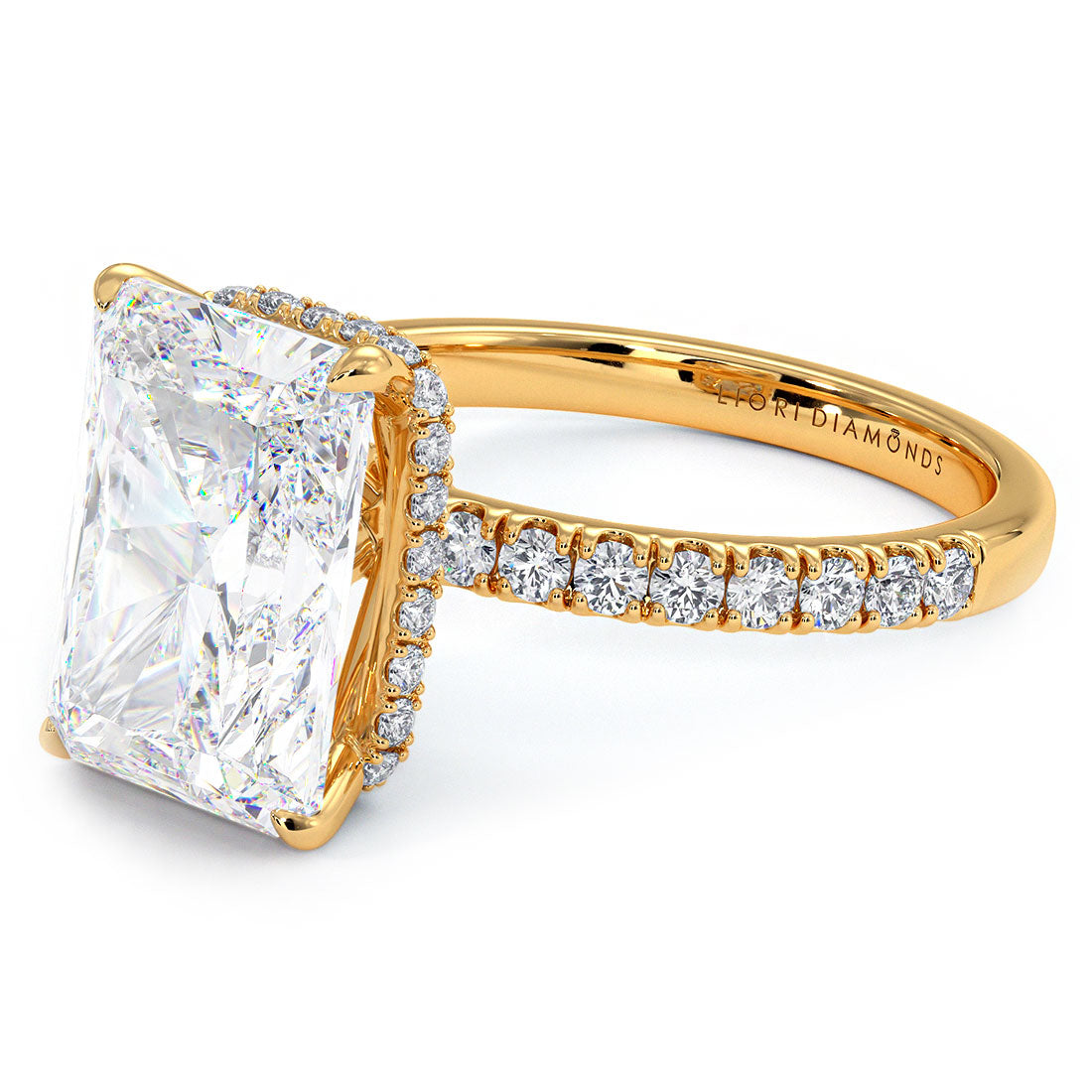 4.83ctw GIA Certified E-VVS2 Radiant Cut Under Halo Petite Micropavé Lab Grown Diamond Engagement Ring set in 14k Yellow Gold