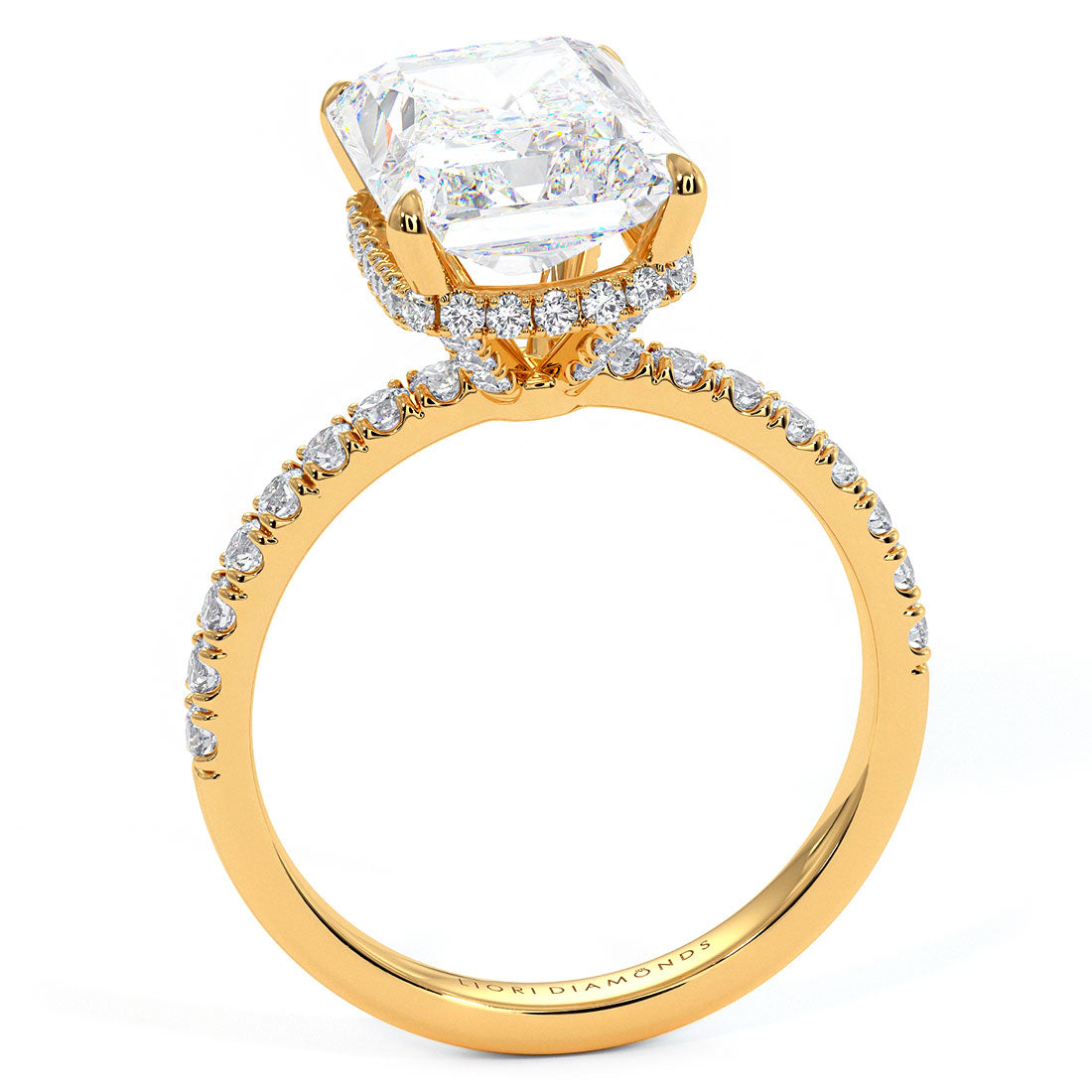 4.83ctw GIA Certified E-VVS2 Radiant Cut Under Halo Petite Micropavé Lab Grown Diamond Engagement Ring set in 14k Yellow Gold