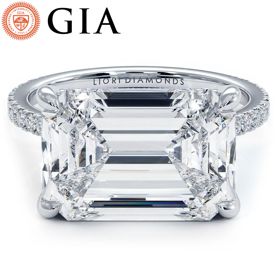 5.59ctw GIA Certified E-VVS2 Emerald Cut East to West Petite Micropavé Lab Grown Diamond Engagement Ring set in 14k White Gold