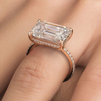 5.59ctw GIA Certified E-VVS2 Emerald Cut East to West Petite Micropavé Lab Grown Diamond Engagement Ring set in 14k Rose Gold