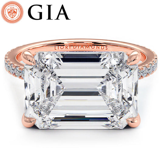 5.59ctw GIA Certified E-VVS2 Emerald Cut East to West Petite Micropavé Lab Grown Diamond Engagement Ring set in 14k Rose Gold