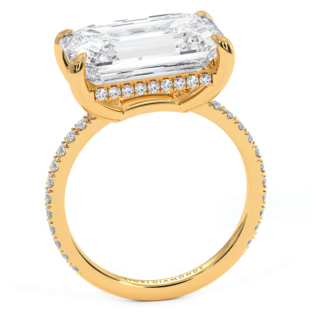 5.59ctw GIA Certified E-VVS2 Emerald Cut East to West Petite Micropavé Lab Grown Diamond Engagement Ring set in 14k Yellow Gold