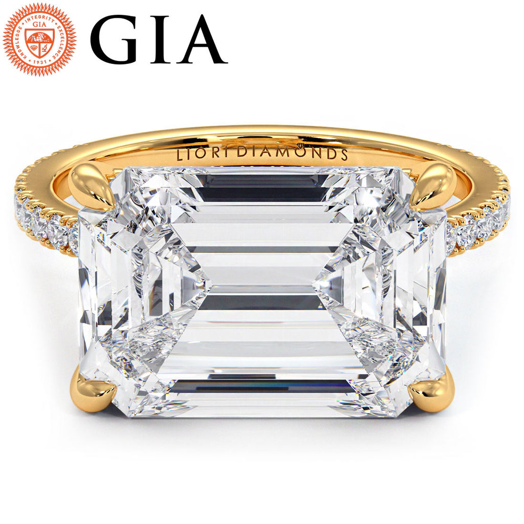 5.59ctw GIA Certified E-VVS2 Emerald Cut East to West Petite Micropavé Lab Grown Diamond Engagement Ring set in 14k Yellow Gold