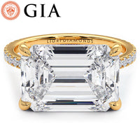 5.59ctw GIA Certified E-VVS2 Emerald Cut East to West Petite Micropavé Lab Grown Diamond Engagement Ring set in 14k Yellow Gold