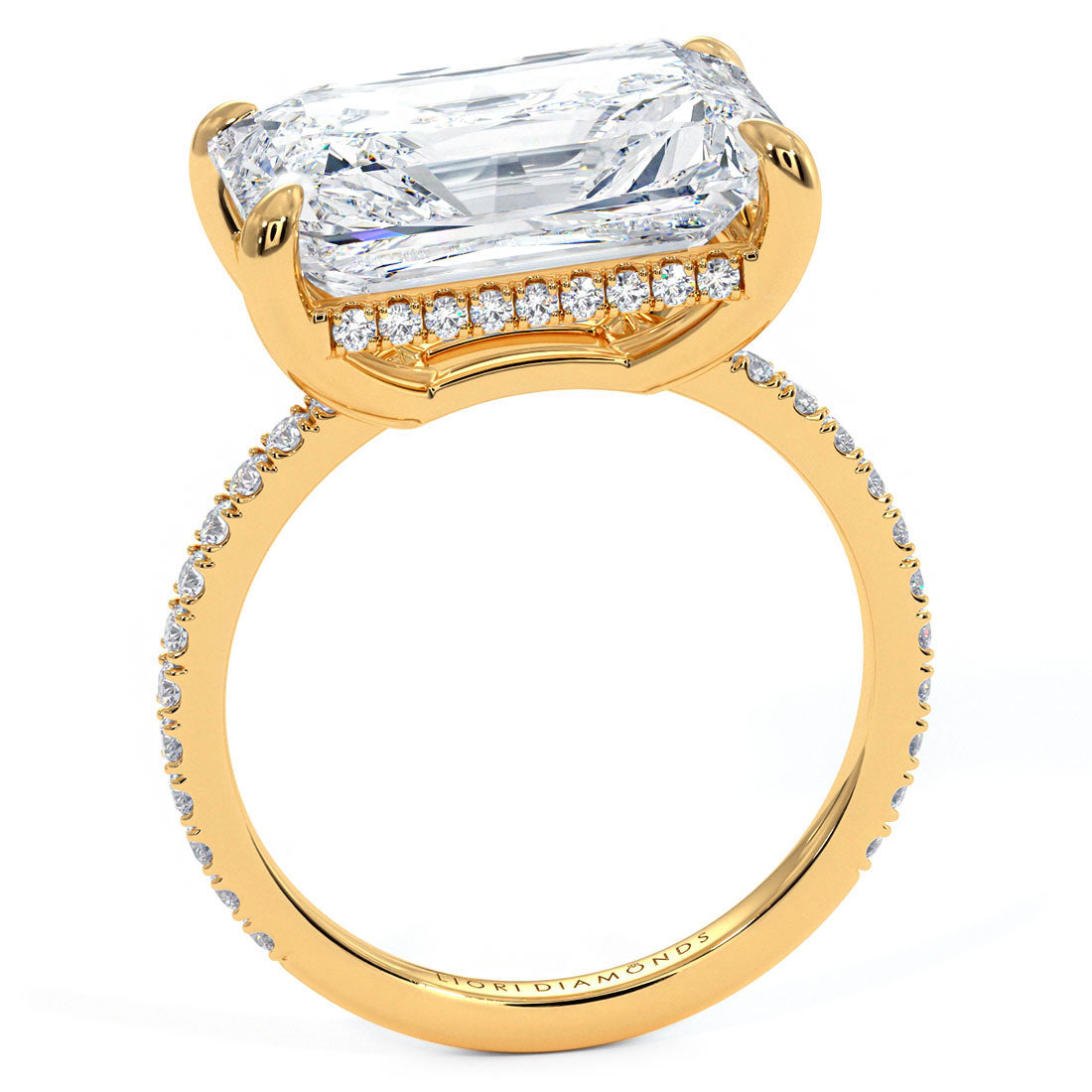 4.81ctw GIA Certified E-VS1 Radiant Cut East to West Petite Micropavé Lab Grown Diamond Engagement Ring set in 14k Yellow Gold