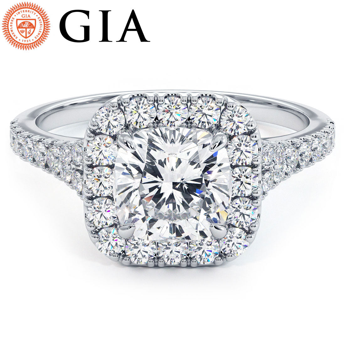 1.5 Carat Cushion Cut Halo Split Shank Micropavé