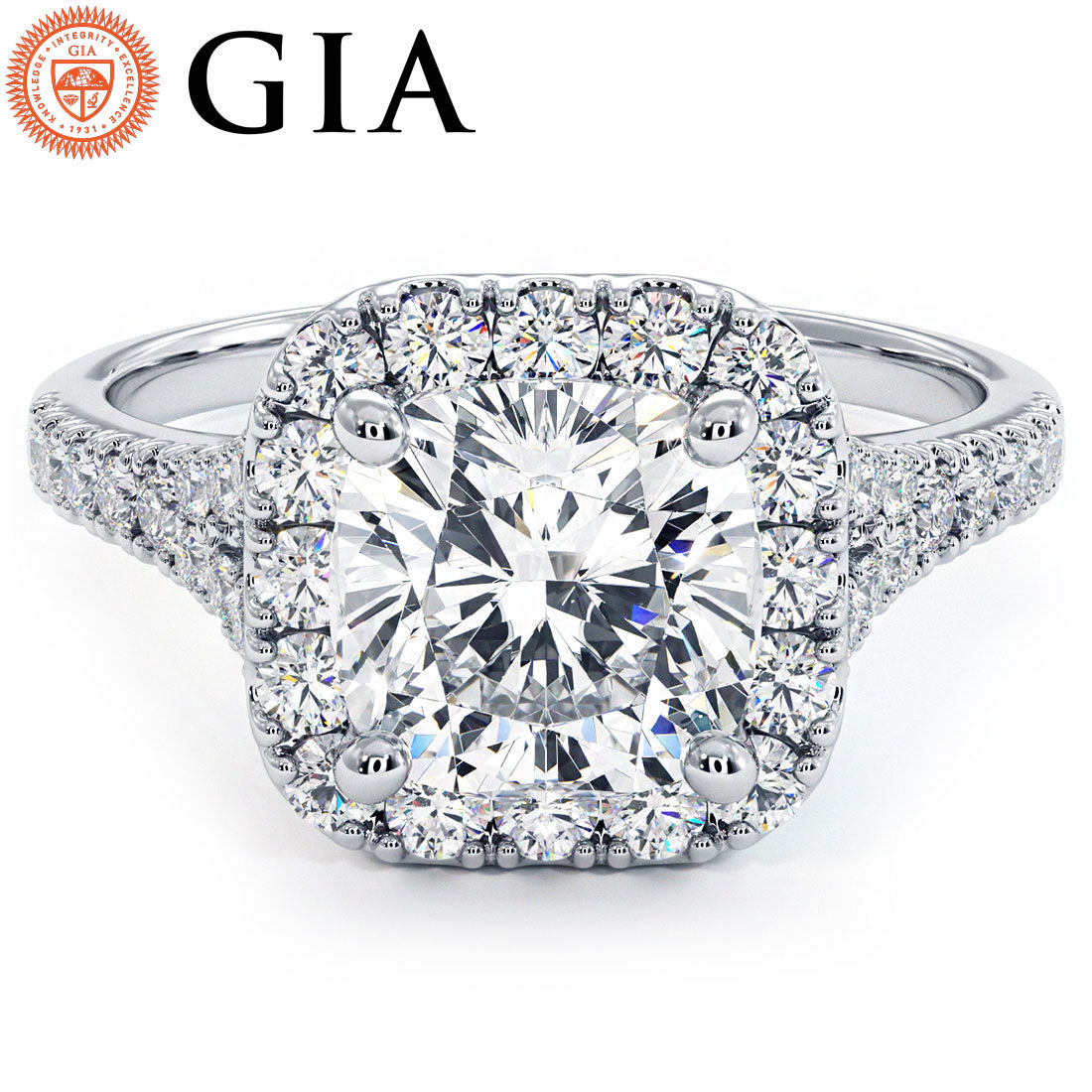 2 Carat Cushion Cut Halo Split Shank Micropavé