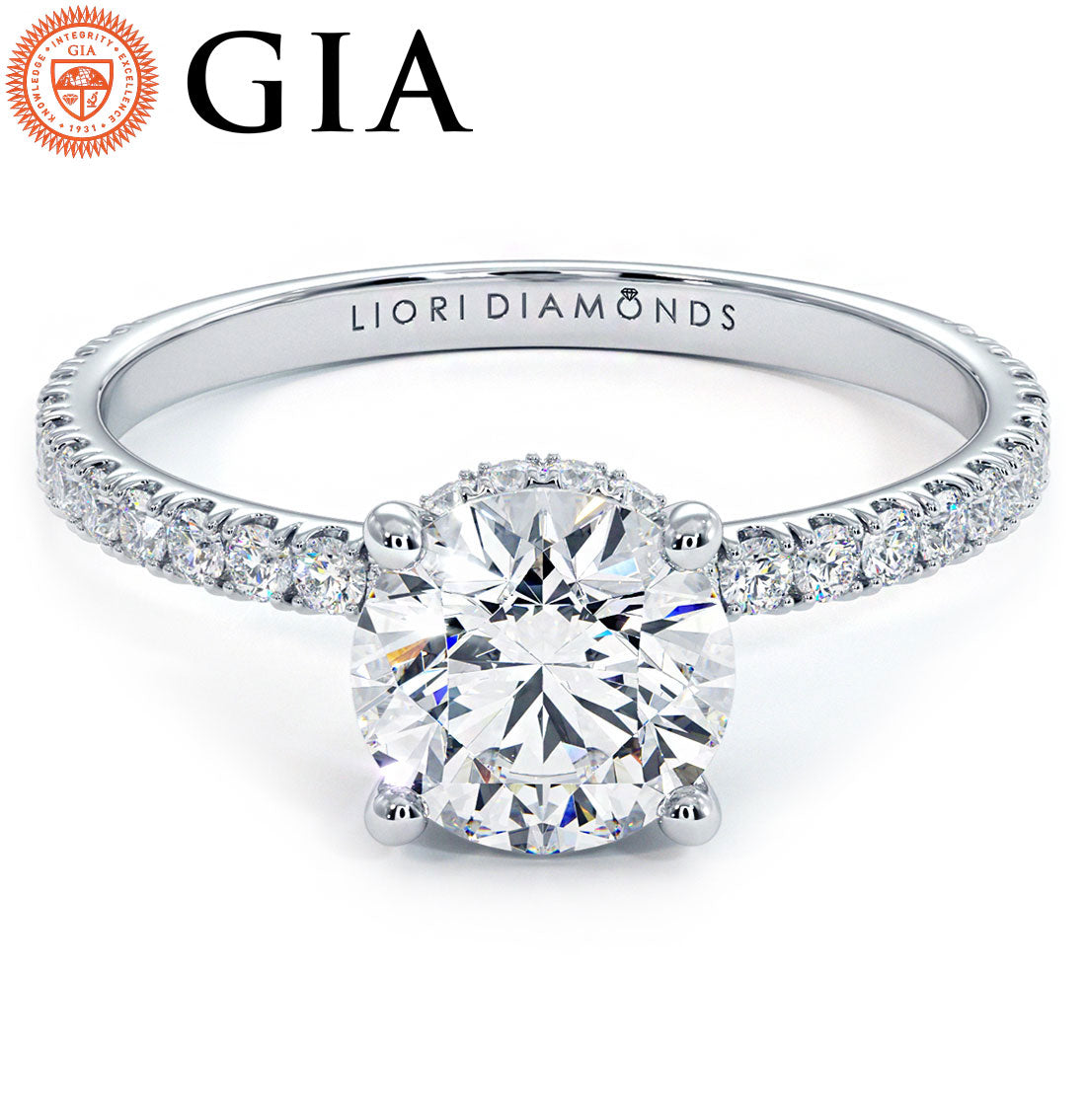 1.43ctw GIA Certified Round Brilliant Under Halo Petite Micropavé Lab Grown Diamond Engagement Ring set in 14k White Gold