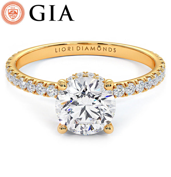 1.43ctw GIA Certified Round Brilliant Under Halo Petite Micropavé Lab Grown Diamond Engagement Ring set in 14k Yellow Gold