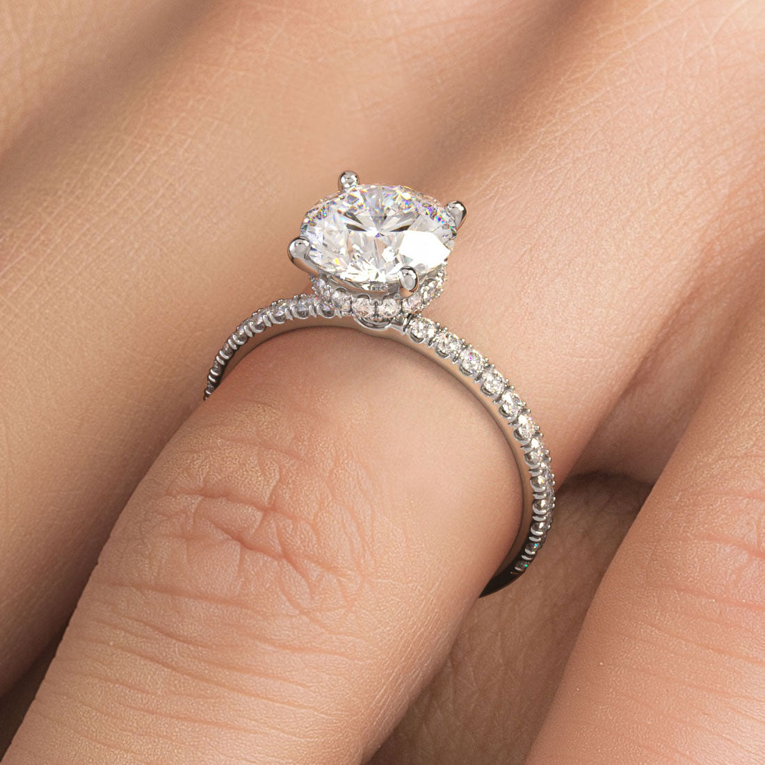 1.97ctw D-VVS1 GIA Certified Round Brilliant Under Halo Petite Micropavé Lab Grown Diamond Engagement Ring set in 14k White Gold