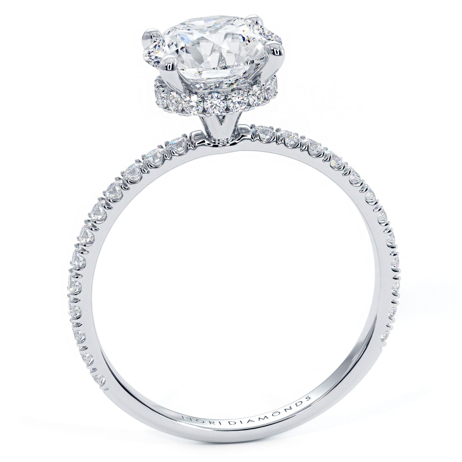 1.97ctw D-VVS1 GIA Certified Round Brilliant Under Halo Petite Micropavé Lab Grown Diamond Engagement Ring set in 14k White Gold