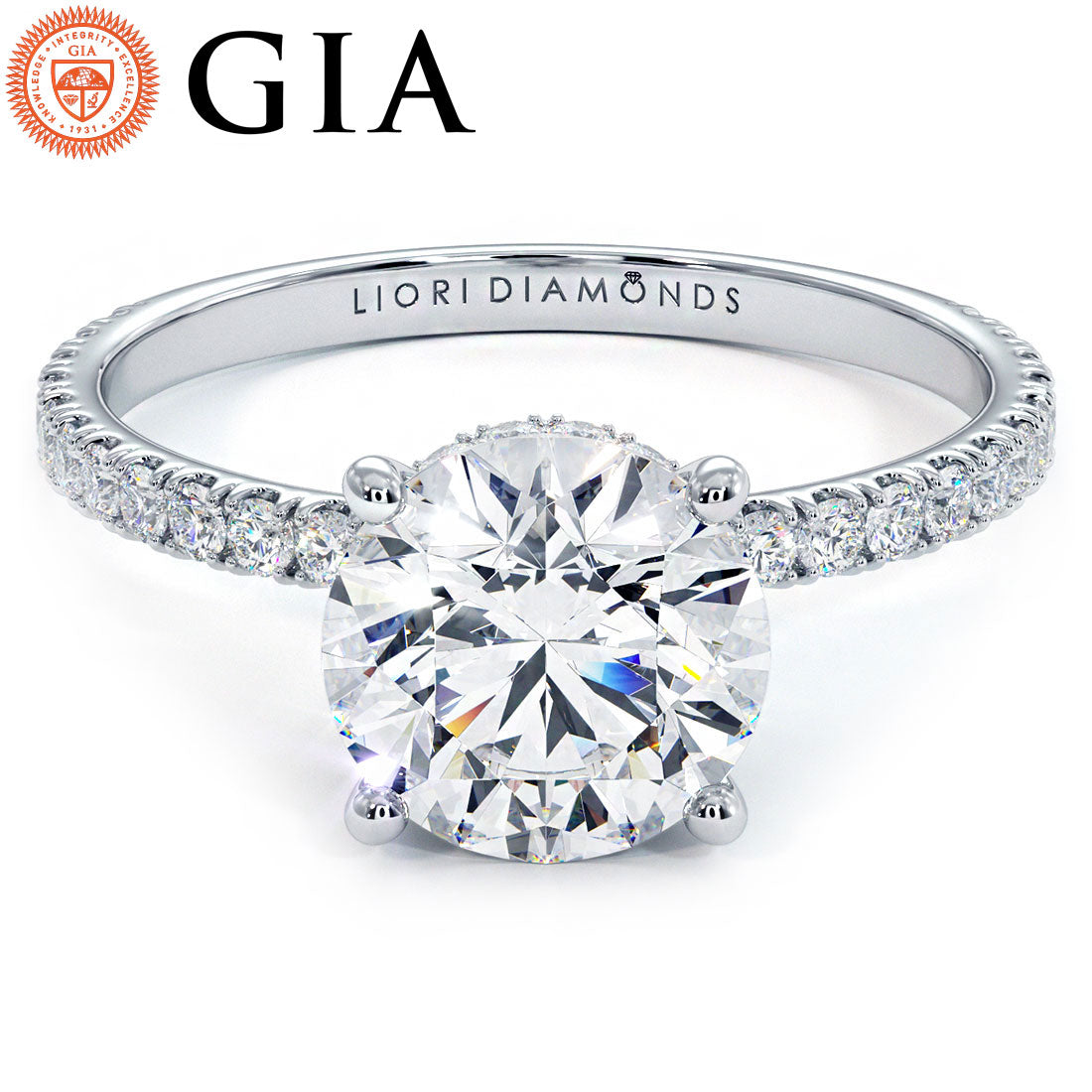 1.97ctw D-VVS1 GIA Certified Round Brilliant Under Halo Petite Micropavé Lab Grown Diamond Engagement Ring set in 14k White Gold