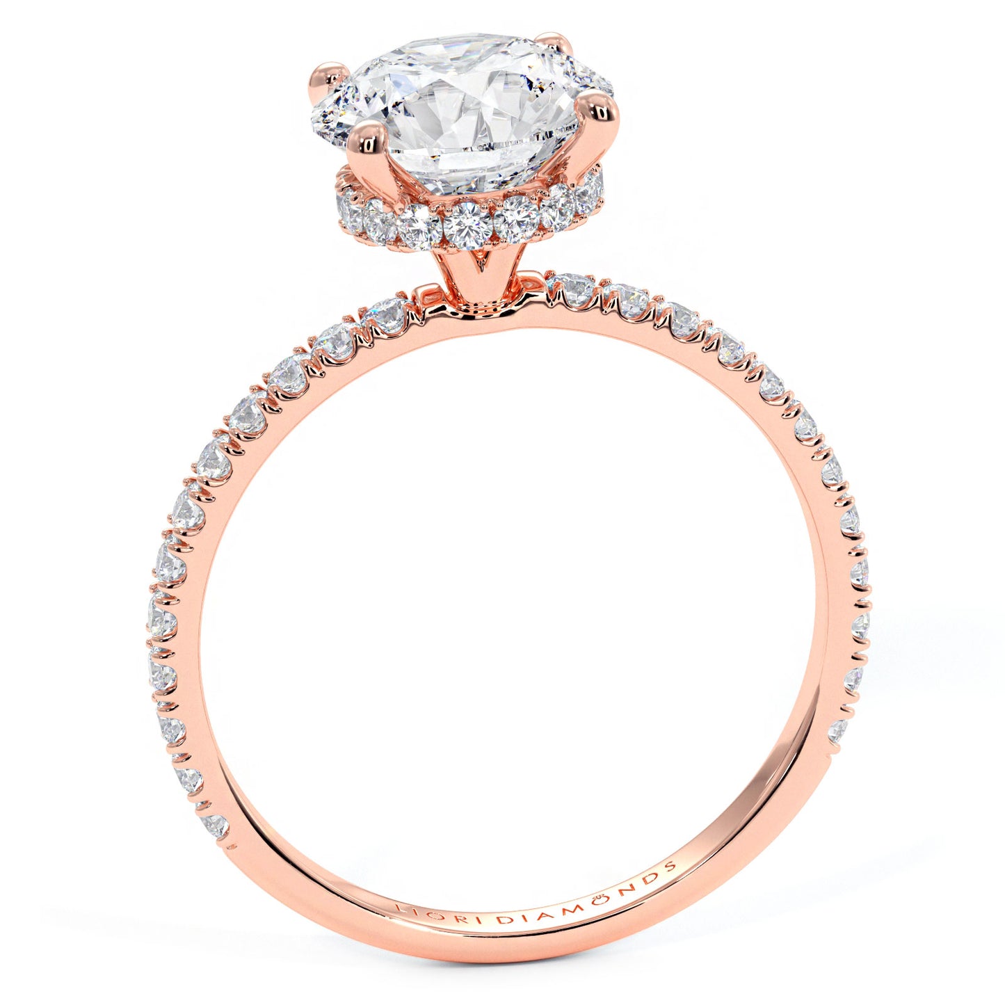 1.97ctw D-VVS1 GIA Certified Round Brilliant Under Halo Petite Micropavé Lab Grown Diamond Engagement Ring set in 14k Rose Gold