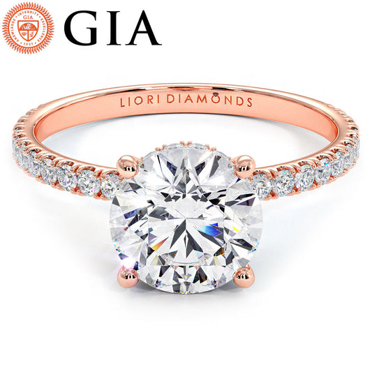 1.97ctw D-VVS1 GIA Certified Round Brilliant Under Halo Petite Micropavé Lab Grown Diamond Engagement Ring set in 14k Rose Gold